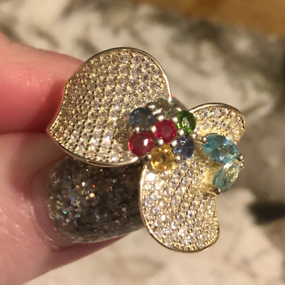 Sapphire & apatite floral sterling silver ring